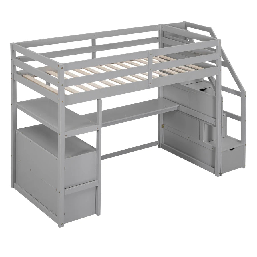 Multifunctionl Design Gray Twin Size Loft Bed with Desk and Shelves,Two Built - in Drawers,Storage Staircase,Suitable For Bedroom - SOLVEYE