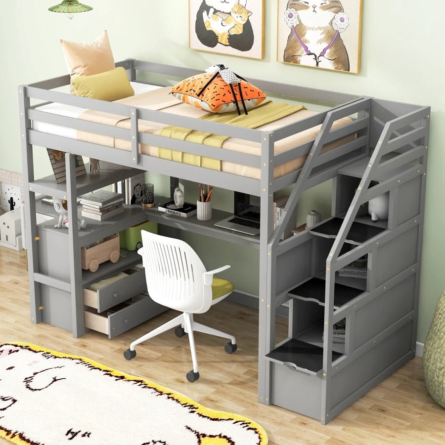 Multifunctionl Design Gray Twin Size Loft Bed with Desk and Shelves,Two Built - in Drawers,Storage Staircase,Suitable For Bedroom - SOLVEYE