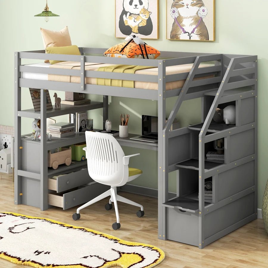 Multifunctionl Design Gray Twin Size Loft Bed with Desk and Shelves,Two Built - in Drawers,Storage Staircase,Suitable For Bedroom - SOLVEYE