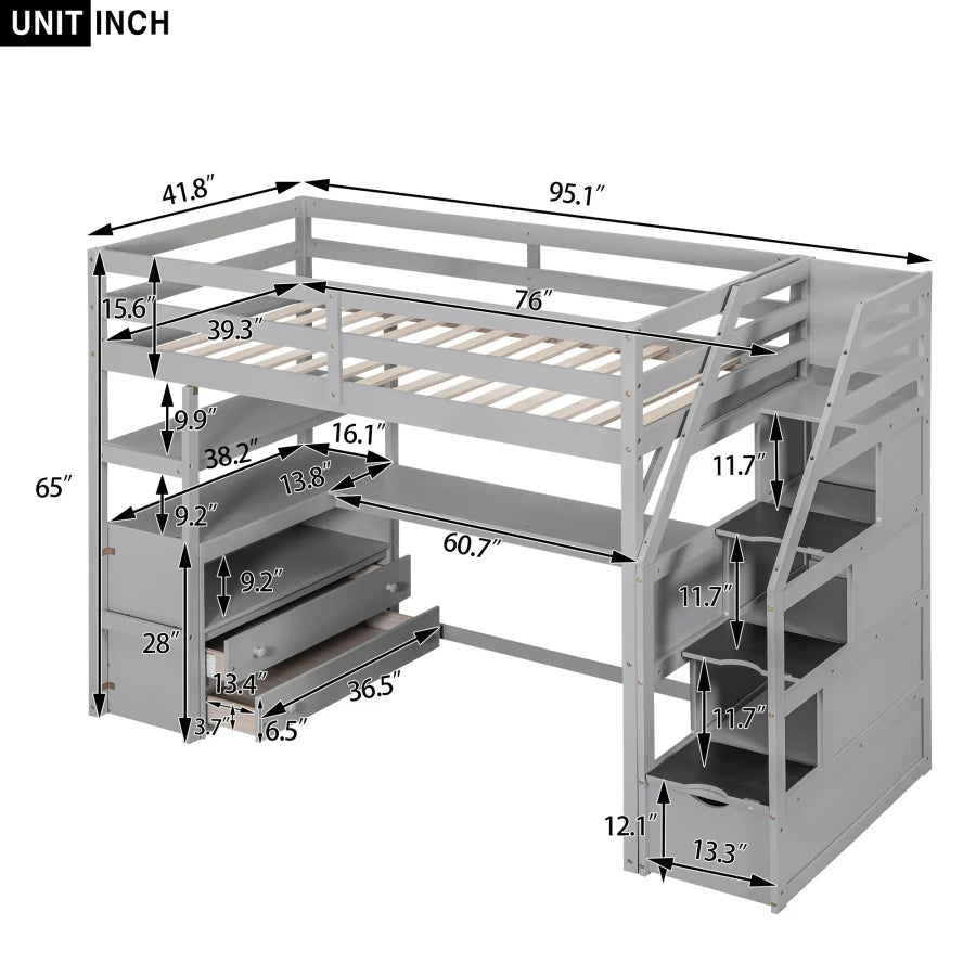 Multifunctionl Design Gray Twin Size Loft Bed with Desk and Shelves,Two Built - in Drawers,Storage Staircase,Suitable For Bedroom - SOLVEYE