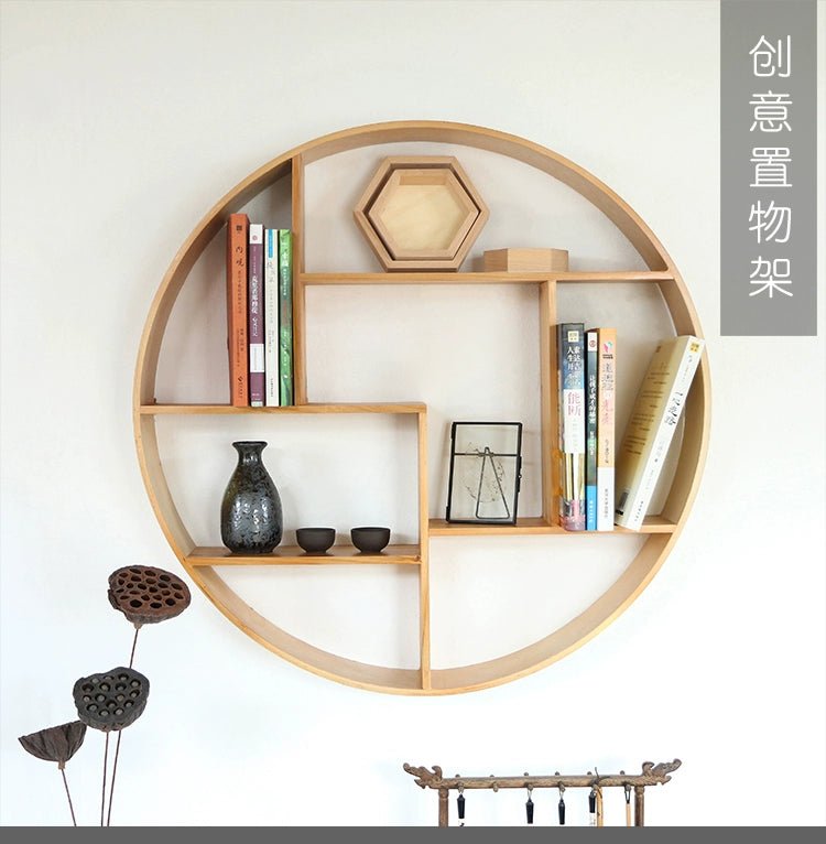 New Chinese Style Wall Art Decorative Shelf Solid Wood round Wall Hanging Wall Entrance Tea Room Study Antique Shelf - SOLVEYE