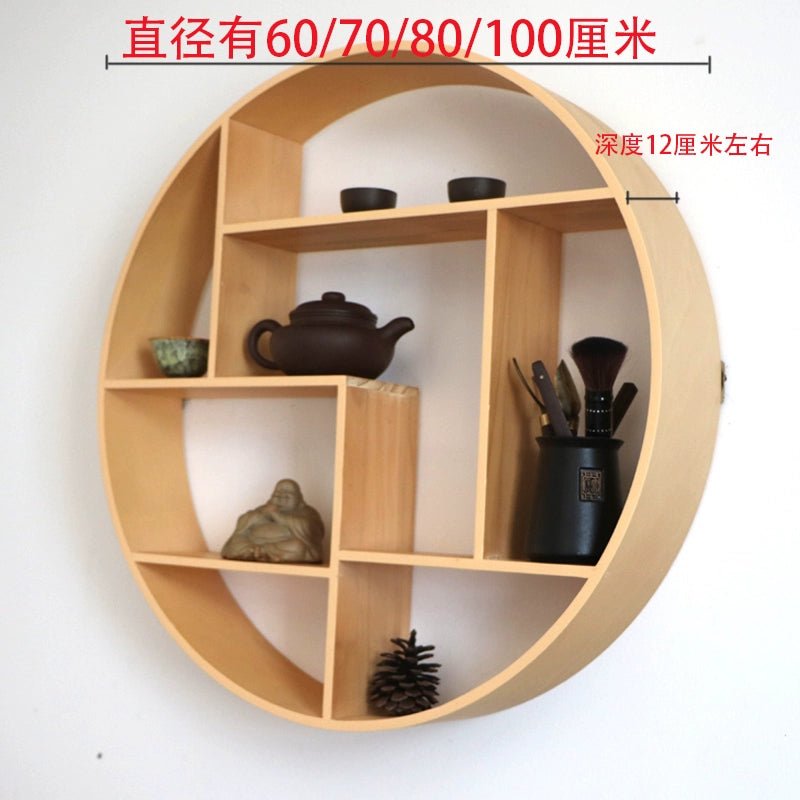 New Chinese Style Wall Art Decorative Shelf Solid Wood round Wall Hanging Wall Entrance Tea Room Study Antique Shelf - SOLVEYE